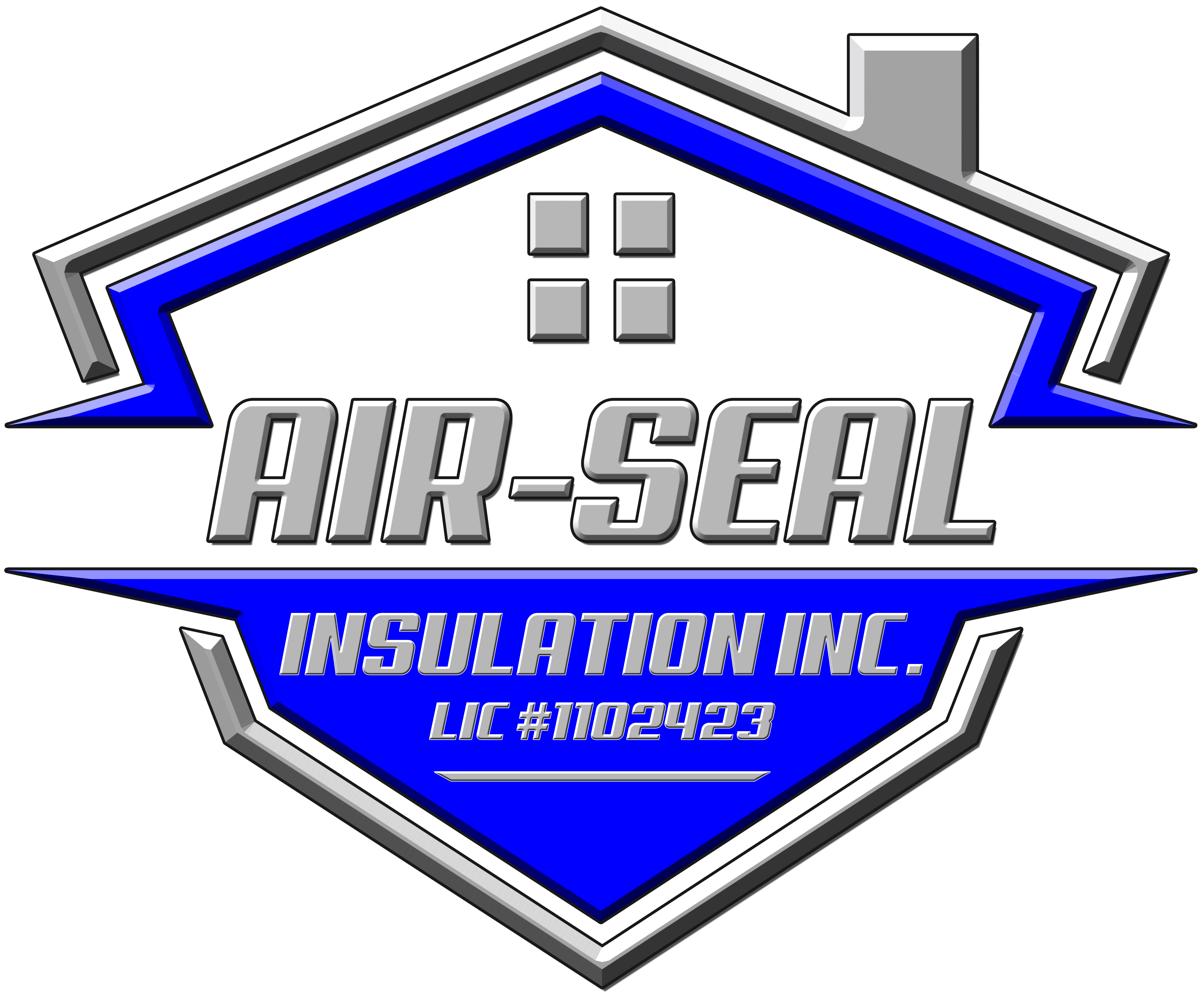 airseal logo of a gray and blue house outline with 4 squares that make up a window and license #