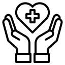 icon of outlined hands with a heart and medical cross in the middle