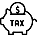 icon of a piggy bank icon with words tax and a coin